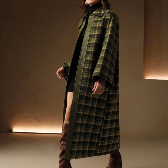 Green Casual Women's Elegant Classic Patchwork High Collar Plaid Tweed Coat - Picture 3 of 7